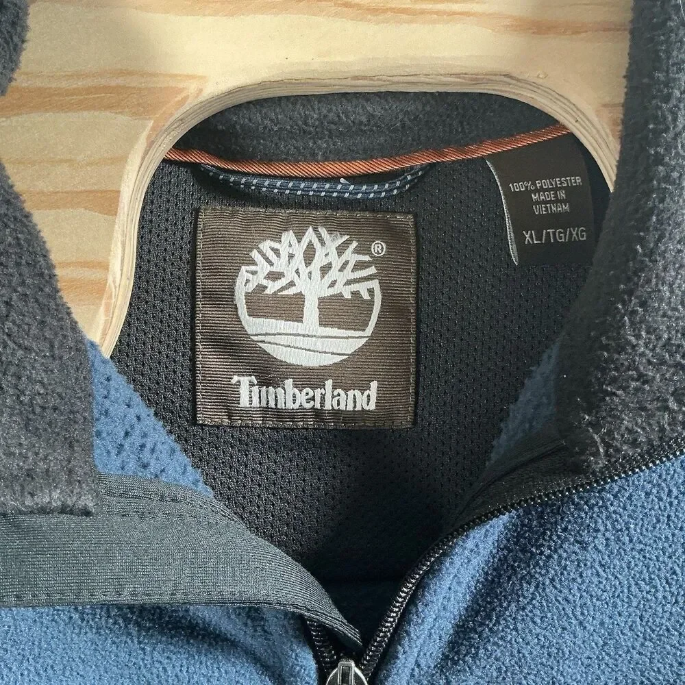 Timberland Jacket Mens XL Blue Full Zip Fleece Outdoor Hiking Chest Pocket Logo